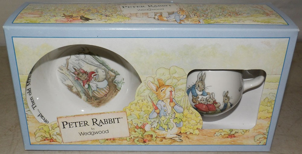 Wedgwood "Peter Rabbit" Child's Cup & Bowl in Box: Wedgwood "Peter Rabbit" Child's Cup & Bowl in Box . Box: 6 1/2" H 12" W 3 1/2" D "ALL DESCRIPTIONS AND ANY CONDITION STATEMENT GIVEN BY LANGSTON AUCTION GALLERY ARE STRICTLY OPINIONS AND LANGSTON'S