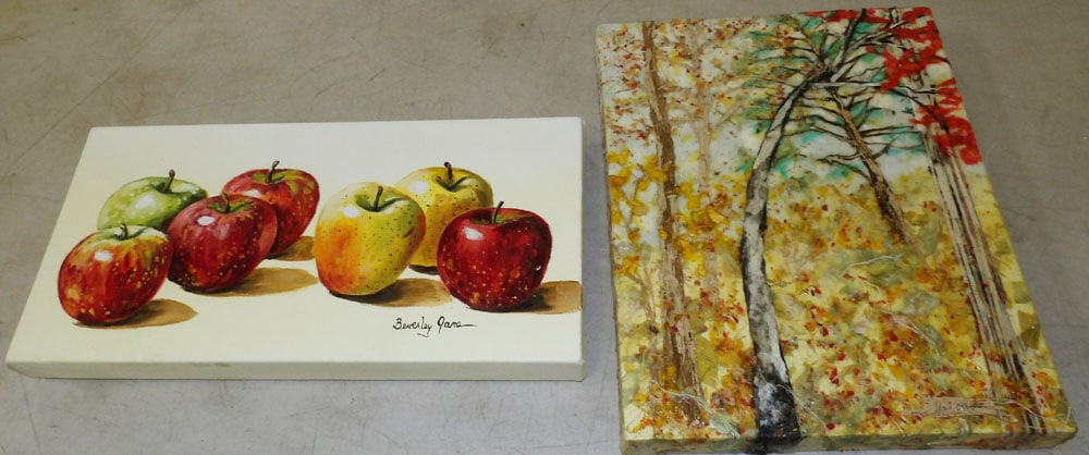 Three Dimensional Paper Collage Painting & Still Life Apple Painting Both Artist Signed: Three Dimensional Paper Collage Painting & Still Life Apple Painting Both Artist Signed . Up to 8" x 16" "ALL DESCRIPTIONS AND ANY CONDITION STATEMENT GIVEN BY LANGSTON AUCTION GALLERY ARE STRICTLY
