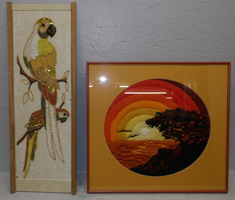 Framed Bird Collage & Framed Stump Work: Framed Bird Collage & Framed Stump Work. Up to 24" x 8 1/2" "ALL DESCRIPTIONS AND ANY CONDITION STATEMENT GIVEN BY LANGSTON AUCTION GALLERY ARE STRICTLY OPINIONS AND LANGSTON'S SHALL HAVE NO