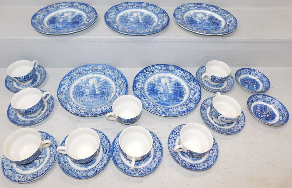Twenty Four Pieces of Liberty Blue Staffordshire Ironstone: Twenty Four Pieces of Liberty Blue Staffordshire Ironstone . Up to 9 3/4" Dia. ALL DESCRIPTIONS AND ANY CONDITION STATEMENT GIVEN BY LANGSTON AUCTION GALLERY ARE STRICTLY OPINIONS AND LANGSTON'S