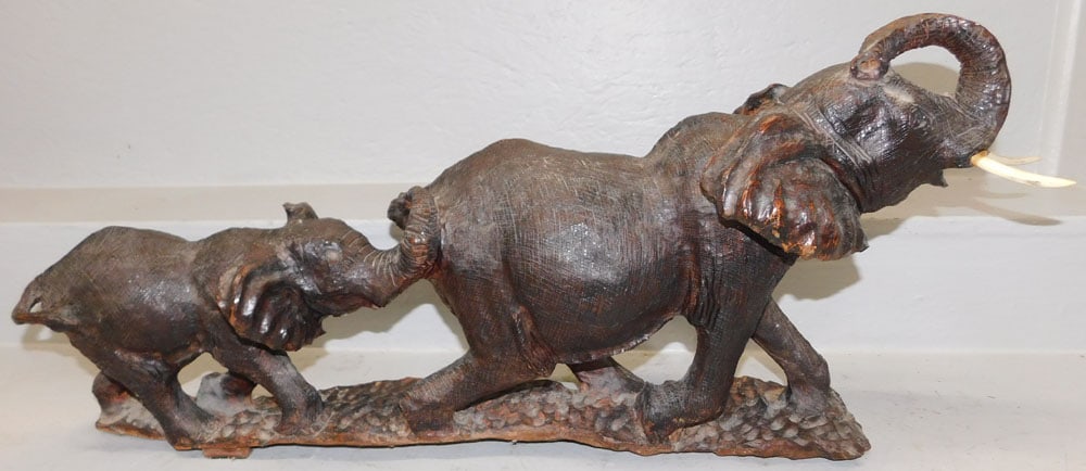 Carved Wood Mother Elephant with Young Statue (1 of 6)