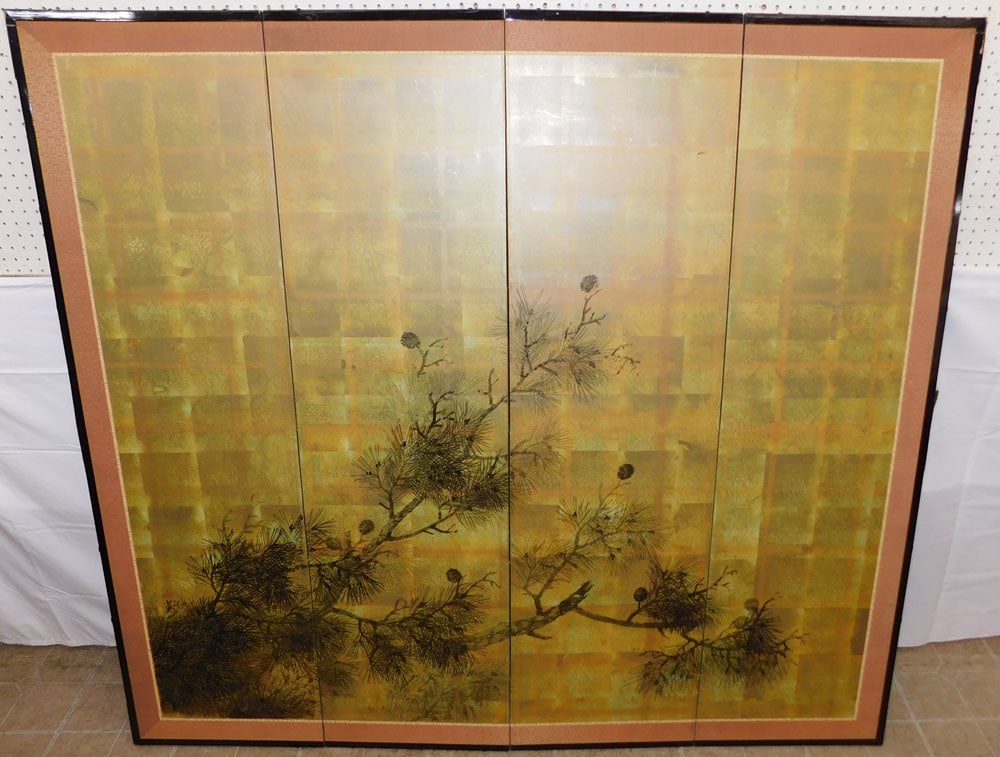 Four Panel Oriental Watercolor Room Divider: Four Panel Oriental Watercolor Room Divider . 64 1/4" H 74" L ALL DESCRIPTIONS AND ANY CONDITION STATEMENT GIVEN BY LANGSTON AUCTION GALLERY ARE STRICTLY OPINIONS AND LANGSTON'S SHALL HAVE NO RESPONSI