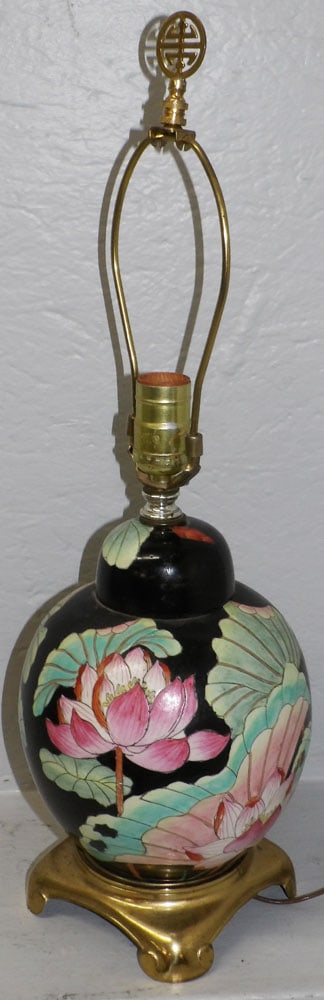 Black Oriental Porcelain Paint Decorated Ginger Jar Lamp with Water Lily Motif (1 of 3)