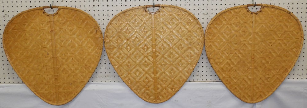 Three Oriental Bamboo Woven Blade Form Fans: Three Oriental Bamboo Woven Blade Form Fans. 22" x 22" ALL DESCRIPTIONS AND ANY CONDITION STATEMENT GIVEN BY LANGSTON AUCTION GALLERY ARE STRICTLY OPINIONS AND LANGSTON'S SHALL HAVE NO
