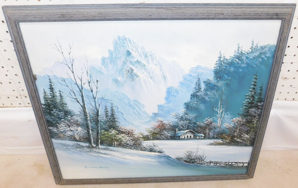Framed Oil on Canvas Snow Scene Artist Signed (1 of 5)