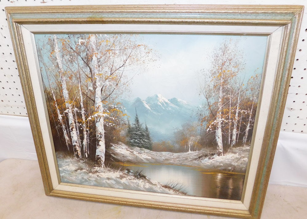 Framed Oil on Canvas Lake & Mountain Scene Artist Signed (1 of 7)