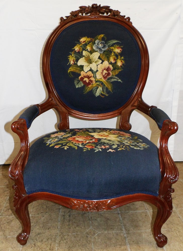 Carved Mahogany Victorian Style Arm Chair with Needlepoint Upholstery (1 of 4)