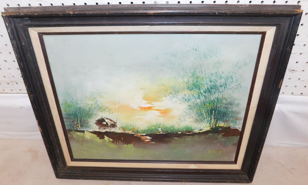 Framed Oil on Canvas Fishing Scene Artist Signed: Framed Oil on Canvas Fishing Scene Artist Signed. 20 1/2" x 25" ALL DESCRIPTIONS AND ANY CONDITION STATEMENT GIVEN BY LANGSTON AUCTION GALLERY ARE STRICTLY OPINIONS AND LANGSTON'S SHALL HAVE NO