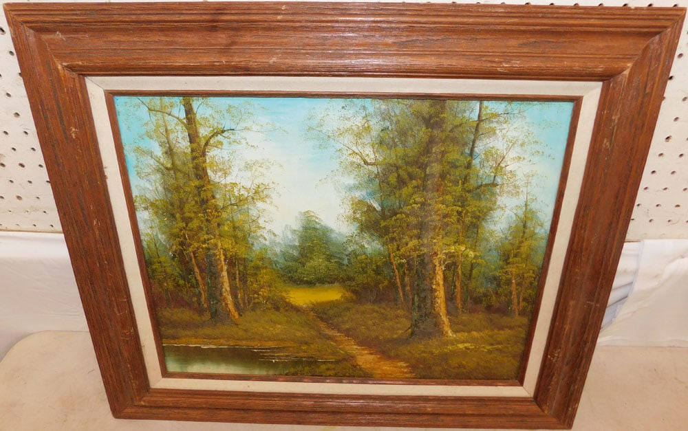 Framed Oil on Canvas Lake & Forest Scene Artist Signed: Framed Oil on Canvas Lake & Forest Scene Artist Signed. 23" x 27 1/4" ALL DESCRIPTIONS AND ANY CONDITION STATEMENT GIVEN BY LANGSTON AUCTION GALLERY ARE STRICTLY OPINIONS AND LANGSTON'S SHALL HAVE