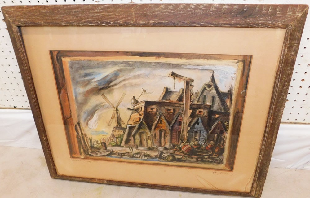 Framed Watercolor Windmill Scene Pencil Signed: Framed Watercolor Windmill Scene Pencil Signed . 25 1/2" x 31 1/4" ALL DESCRIPTIONS AND ANY CONDITION STATEMENT GIVEN BY LANGSTON AUCTION GALLERY ARE STRICTLY OPINIONS AND LANGSTON'S SHALL HAVE NO