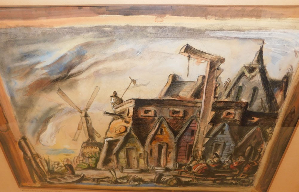 Framed Watercolor Windmill Scene Pencil Signed - 2
