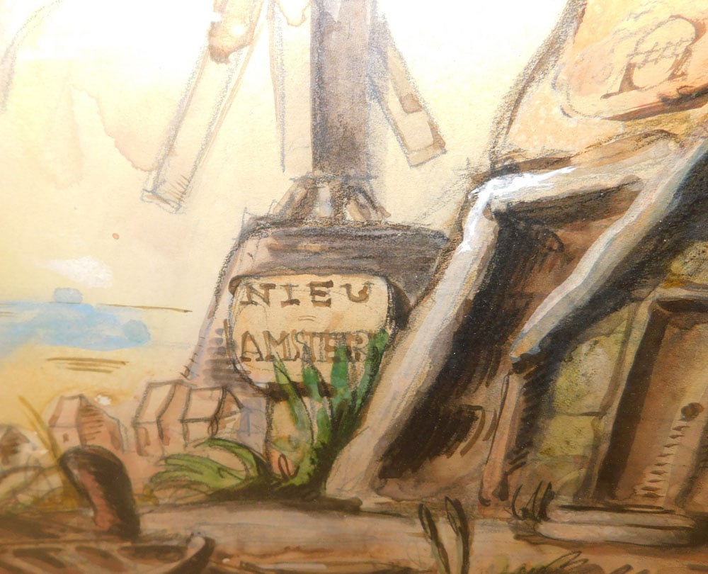 Framed Watercolor Windmill Scene Pencil Signed - 5