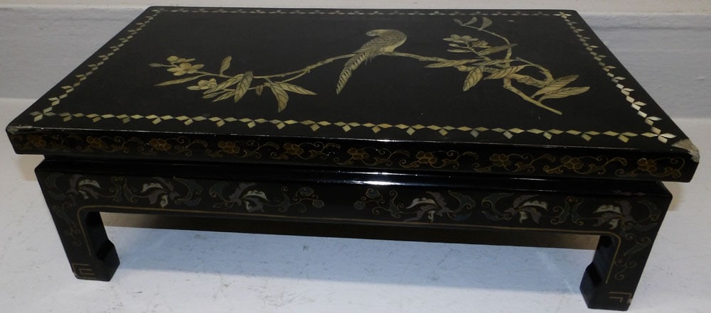 Black Lacquered & Mother of Pearl Inlaid Footstool with Bird Motif: Black Lacquered & Mother of Pearl Inlaid Footstool with Bird Motif. 6 3/4" H 20 1/4" W 11 3/4" D ALL DESCRIPTIONS AND ANY CONDITION STATEMENT GIVEN BY LANGSTON AUCTION GALLERY ARE STRICTLY OPINIONS