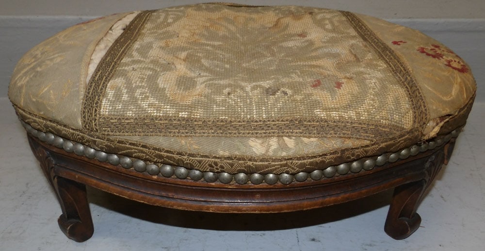 Antique Carved Walnut French Footstool with Needlepoint Top (1 of 6)
