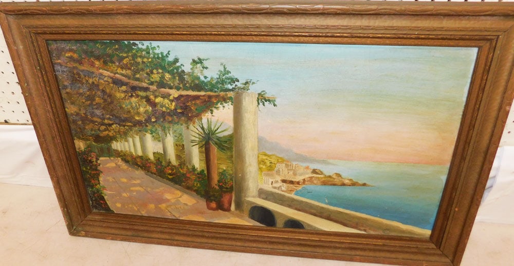 Antique Framed Oil on Canvas Mediterranean Scene: Antique Framed Oil on Canvas Mediterranean Scene. 21 1/2" x 35 1/2" ALL DESCRIPTIONS AND ANY CONDITION STATEMENT GIVEN BY LANGSTON AUCTION GALLERY ARE STRICTLY OPINIONS AND LANGSTON'S SHALL HAVE NO