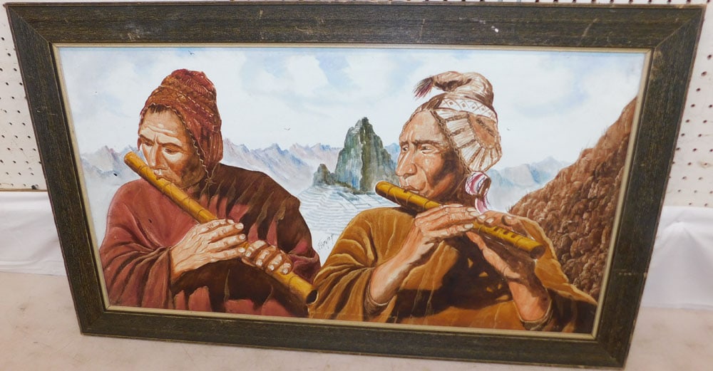 Framed Oil on Canvas of Native Americans Playing Flutes Artist Signed: Framed Oil on Canvas of Native Americans Playing Flutes Artist Signed. 23 3/4" x 38 3/4" ALL DESCRIPTIONS AND ANY CONDITION STATEMENT GIVEN BY LANGSTON AUCTION GALLERY ARE STRICTLY OPINIONS AND