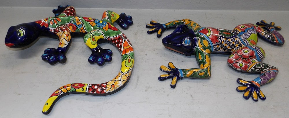 Painted Pottery Terracota Frog & Lizard: Painted Pottery Terracota Frog & Lizard. Up to 22" x 17" ALL DESCRIPTIONS AND ANY CONDITION STATEMENT GIVEN BY LANGSTON AUCTION GALLERY ARE STRICTLY OPINIONS AND LANGSTON'S SHALL HAVE NO RESPONSIBILIT