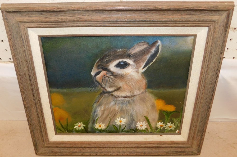 Framed Oil on Canvas of Bunny: Framed Oil on Canvas of Bunny . 16 1/2" x 19 1/2" ALL DESCRIPTIONS AND ANY CONDITION STATEMENT GIVEN BY LANGSTON AUCTION GALLERY ARE STRICTLY OPINIONS AND LANGSTON'S SHALL HAVE NO RESPONSIBILITY FOR
