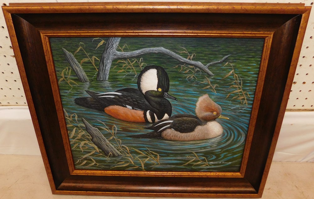 Framed Painting on Board of Ducks on Water Signed by Thomas Bennett: Framed Painting on Board of Ducks on Water Signed by Thomas Bennett. 21 1/2" x 25 1/2" ALL DESCRIPTIONS AND ANY CONDITION STATEMENT GIVEN BY LANGSTON AUCTION GALLERY ARE STRICTLY OPINIONS AND