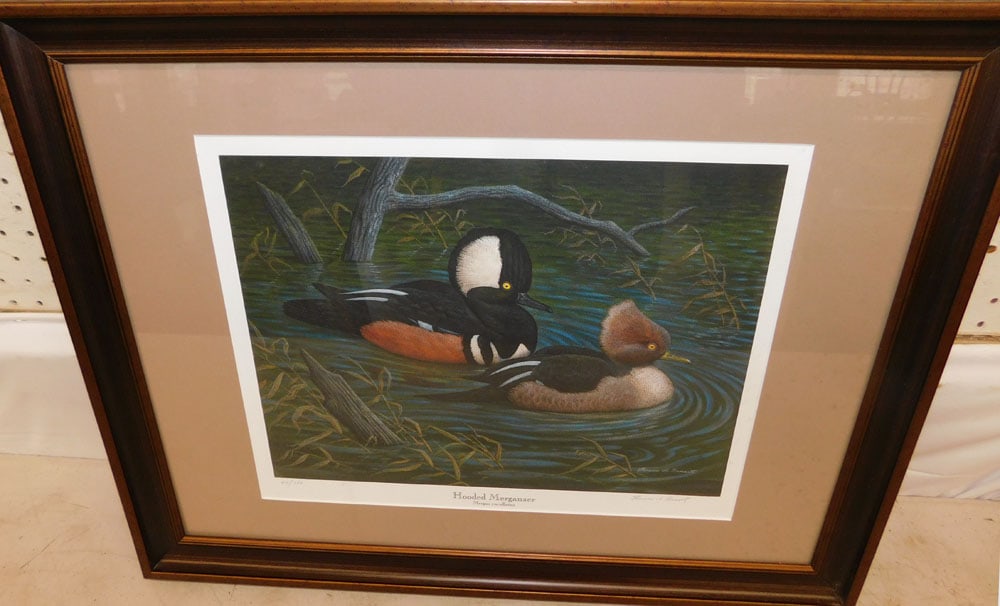 Framed Print of Ducks on Water 'Hooded Merganser' by Thomas Bennett: Framed Print of Ducks on Water 'Hooded Merganser' by Thomas Bennett. 21" x 27" ALL DESCRIPTIONS AND ANY CONDITION STATEMENT GIVEN BY LANGSTON AUCTION GALLERY ARE STRICTLY OPINIONS AND LANGSTON'S