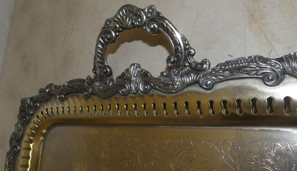 Ornate Silverplated Border Brass Serving Tray - 2