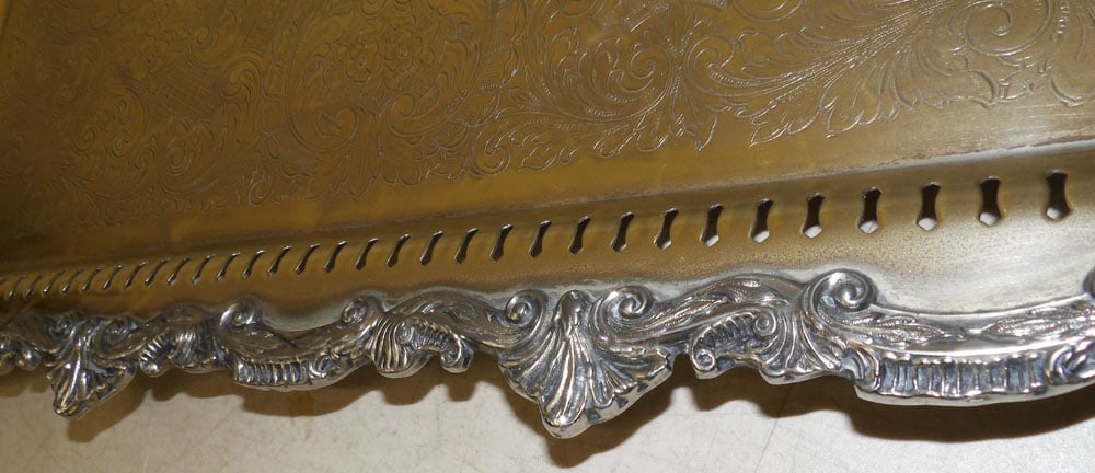 Ornate Silverplated Border Brass Serving Tray - 4