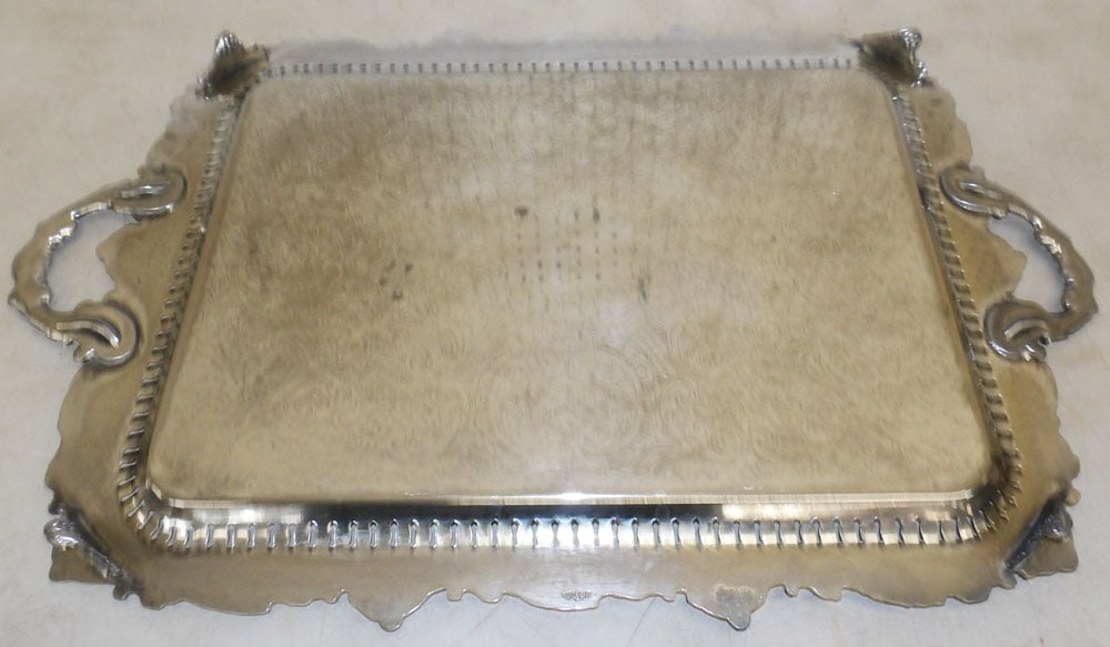 Ornate Silverplated Border Brass Serving Tray - 5
