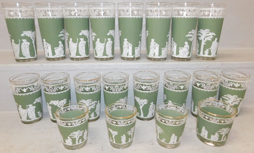 Twenty Jeannette "Hellenic Green" Wedgwood Style Glasses: Twenty Jeannette "Hellenic Green" Wedgwood Style Glasses . Up to 6 1/2" H 3" Dia. ALL DESCRIPTIONS AND ANY CONDITION STATEMENT GIVEN BY LANGSTON AUCTION GALLERY ARE STRICTLY OPINIONS AND LANGSTON'S