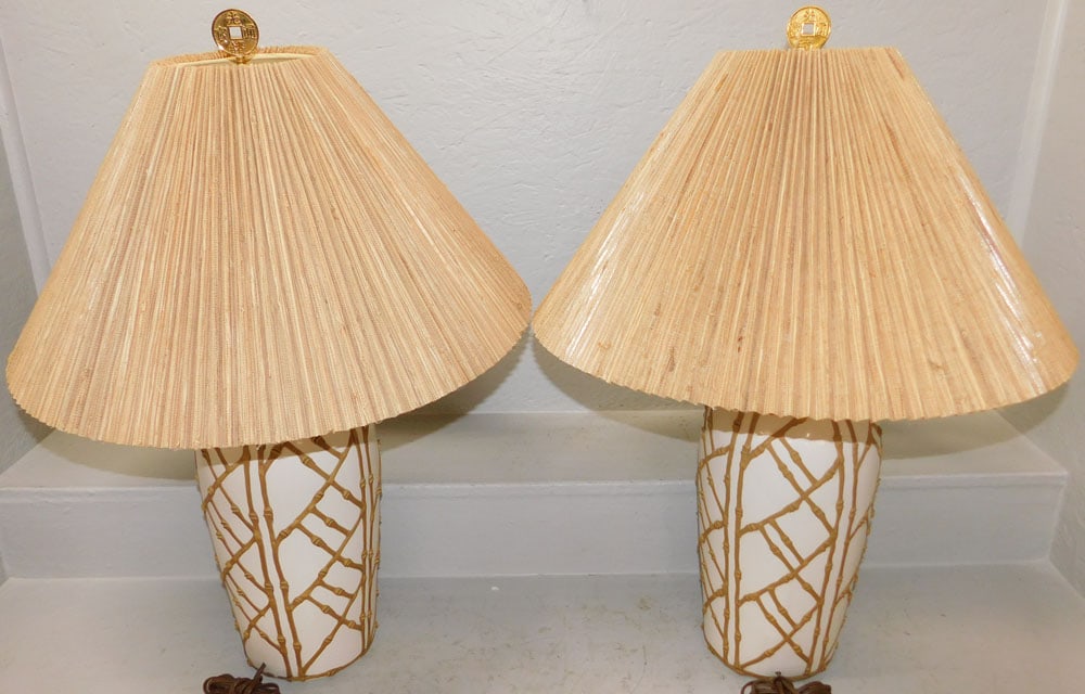 Pair of Porcelain & Bamboo Motif Lamps: Pair of Porcelain & Bamboo Motif Lamps . 29" H Shade: 21 1/2" Dia. ALL DESCRIPTIONS AND ANY CONDITION STATEMENT GIVEN BY LANGSTON AUCTION GALLERY ARE STRICTLY OPINIONS AND LANGSTON'S SHALL HAVE NO