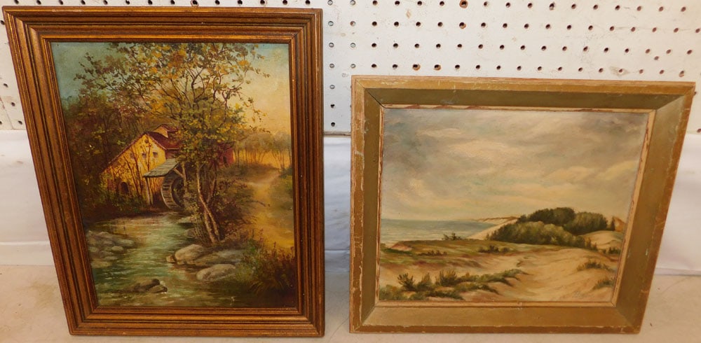 Oil on Board Coastal Scene Artist Signed & Oil on Canvas Watermill Scene Artist Signed: Oil on Board Coastal Scene Artist Signed & Oil on Canvas Watermill Scene Artist Signed . Up to 16 3/4" x 13 1/2" ALL DESCRIPTIONS AND ANY CONDITION STATEMENT GIVEN BY LANGSTON AUCTION GALLERY ARE