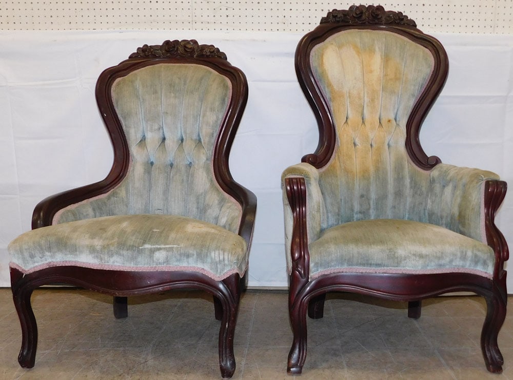 Pair of Carved Mahogany Victorian Style Parlor Chairs: Pair of Carved Mahogany Victorian Style Parlor Chairs . Up to 40 1/2" H 26 1/2" W 30" D ALL DESCRIPTIONS AND ANY CONDITION STATEMENT GIVEN BY LANGSTON AUCTION GALLERY ARE STRICTLY OPINIONS AND