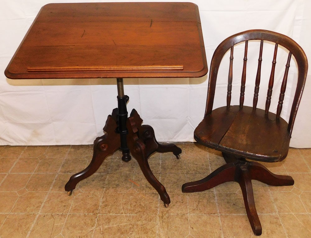 Antique Walnut Victorian Adjustable Drafting Table & Revolving Chair: Antique Walnut Victorian Adjustable Drafting Table & Revolving Chair. Up to 43 1/2" H 32 1/2" W 23 1/2" D ALL DESCRIPTIONS AND ANY CONDITION STATEMENT GIVEN BY LANGSTON AUCTION GALLERY ARE STRICTLY OP
