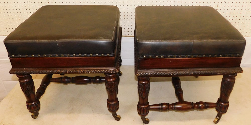 Pair of Carved Mahogany & Leather Upholstered Stools with Game Board Tops: Pair of Carved Mahogany & Leather Upholstered Stools with Game Board Tops. 21 1/4" H 20 1/2" W 20 1/2" D ALL DESCRIPTIONS AND ANY CONDITION STATEMENT GIVEN BY LANGSTON AUCTION GALLERY ARE STRICTLY