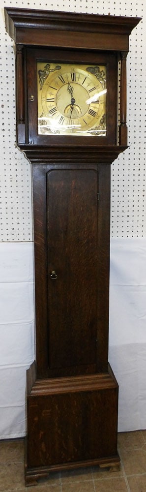 19th Century English Oak Grandfather Clock with Brass Dial: 19th Century English Oak Grandfather Clock with Brass Dial . 79" H 20 1/2" W 11" D ALL DESCRIPTIONS AND ANY CONDITION STATEMENT GIVEN BY LANGSTON AUCTION GALLERY ARE STRICTLY OPINIONS AND LANGSTON'S