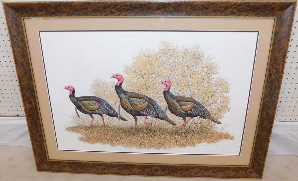 Large Framed Print of Wild Turkey Signed by Thomas Bennett: Large Framed Print of Wild Turkey Signed by Thomas Bennett. 33" x 44 3/4" ALL DESCRIPTIONS AND ANY CONDITION STATEMENT GIVEN BY LANGSTON AUCTION GALLERY ARE STRICTLY OPINIONS AND LANGSTON'S SHALL