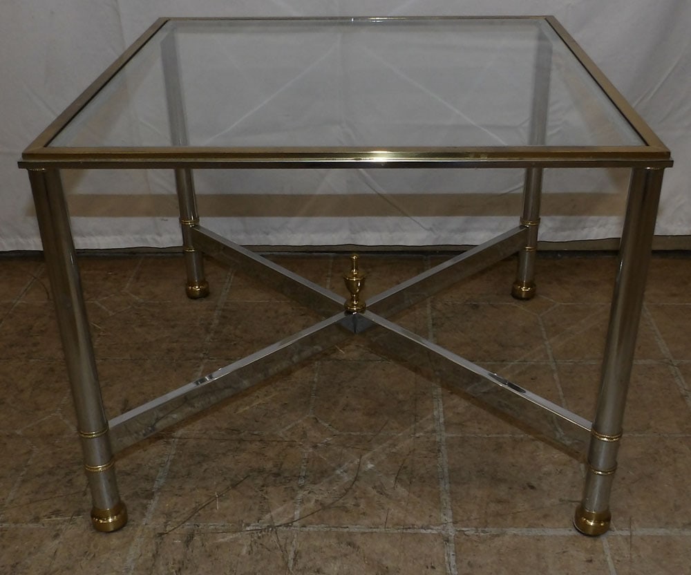 Modern Chrome & Brass Stand with Glass Top: Modern Chrome & Brass Stand with Glass Top . 50 3/4" H 20" Dia. ALL DESCRIPTIONS AND ANY CONDITION STATEMENT GIVEN BY LANGSTON AUCTION GALLERY ARE STRICTLY OPINIONS AND LANGSTON'S SHALL HAVE NO