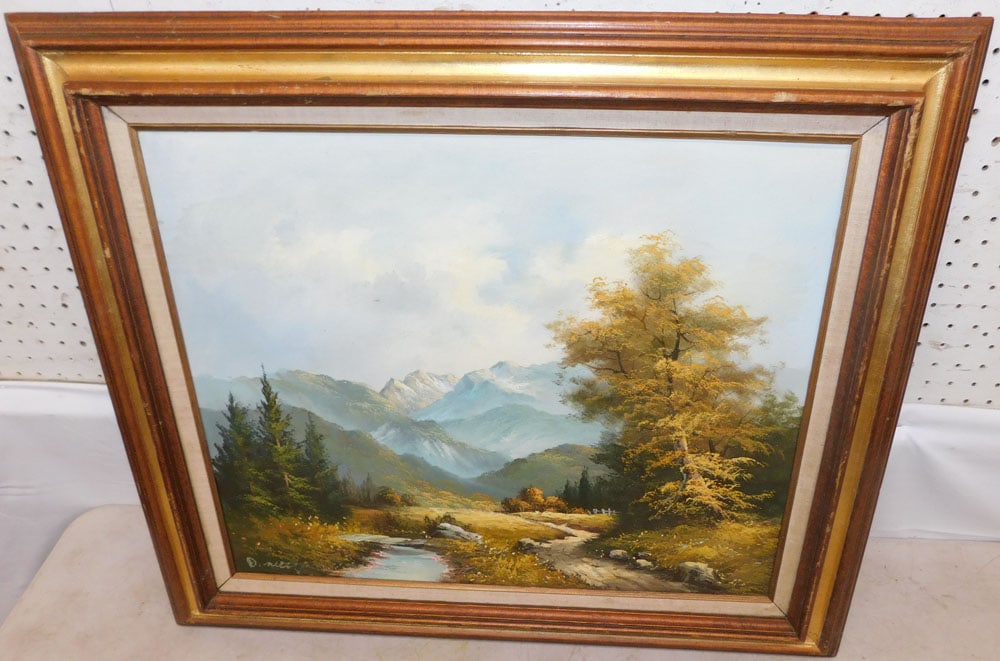 Framed Oil on Canvas Mountain & River Scene Artist Signed: Framed Oil on Canvas Mountain & River Scene Artist Signed . 27 1/4" x 31 1/4" ALL DESCRIPTIONS AND ANY CONDITION STATEMENT GIVEN BY LANGSTON AUCTION GALLERY ARE STRICTLY OPINIONS AND LANGSTON'S