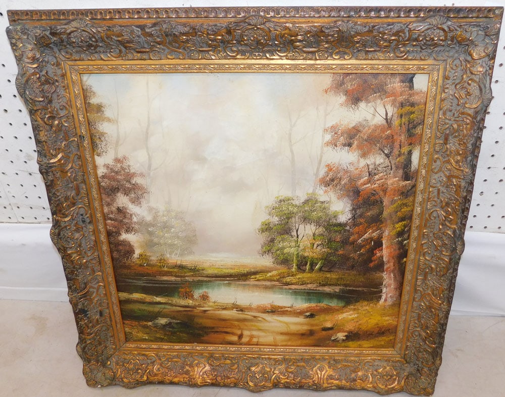 Framed Oil on Canvas Lake Scene Artist Signed: Framed Oil on Canvas Lake Scene Artist Signed . 26 1/2" x 26 1/2" ALL DESCRIPTIONS AND ANY CONDITION STATEMENT GIVEN BY LANGSTON AUCTION GALLERY ARE STRICTLY OPINIONS AND LANGSTON'S SHALL HAVE NO