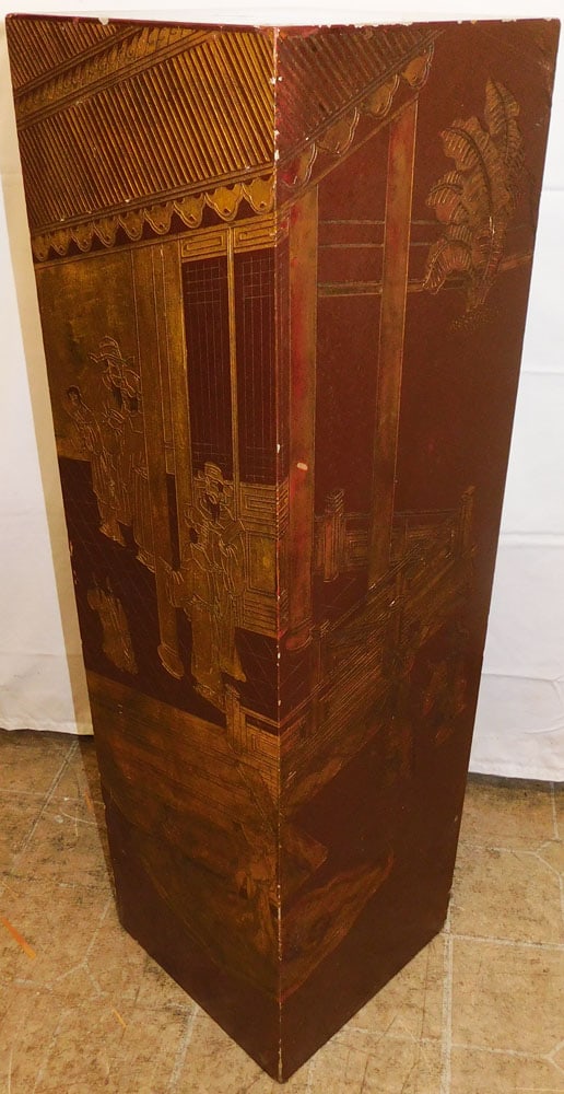Oriental Chinoiserie Style Lacquered & Gilded Pedestal: Oriental Chinoiserie Style Lacquered & Gilded Pedestal . 42" H 12 1/4" W 12" D ALL DESCRIPTIONS AND ANY CONDITION STATEMENT GIVEN BY LANGSTON AUCTION GALLERY ARE STRICTLY OPINIONS AND LANGSTON'S