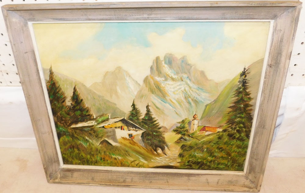 Framed Oil on Board Alpine Scene Artist Signed: Framed Oil on Board Alpine Scene Artist Signed. 18 1/4" x 22 1/2" ALL DESCRIPTIONS AND ANY CONDITION STATEMENT GIVEN BY LANGSTON AUCTION GALLERY ARE STRICTLY OPINIONS AND LANGSTON'S SHALL HAVE NO