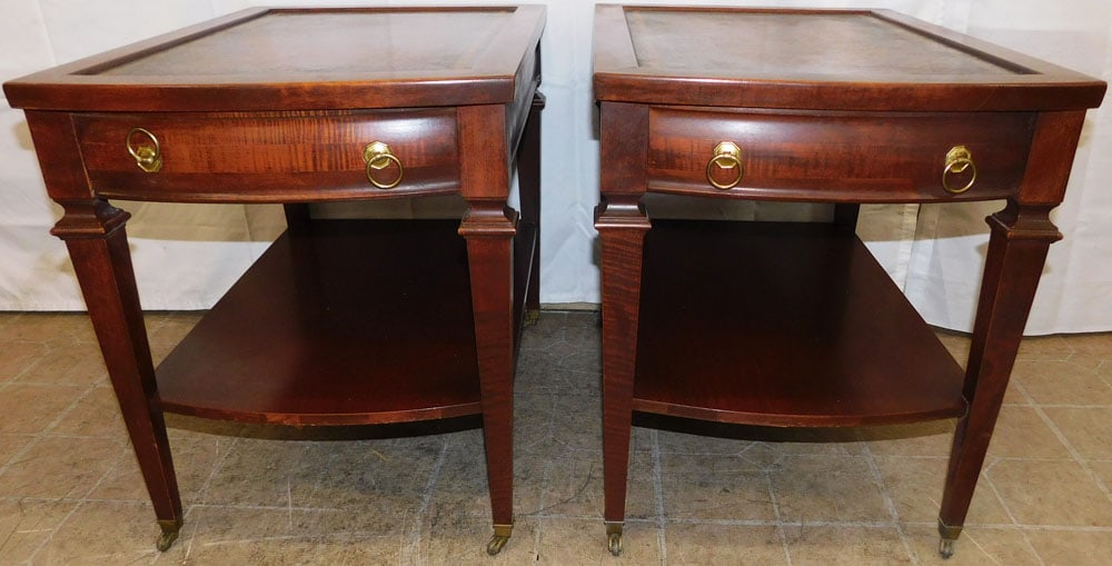 Pair of Mahogany & Tooled Leather Top End Tables by Mershman: Pair of Mahogany & Tooled Leather Top End Tables by Mershman. 22 1/4" H 18 1/2" W 27 1/4" D ALL DESCRIPTIONS AND ANY CONDITION STATEMENT GIVEN BY LANGSTON AUCTION GALLERY ARE STRICTLY OPINIONS AND