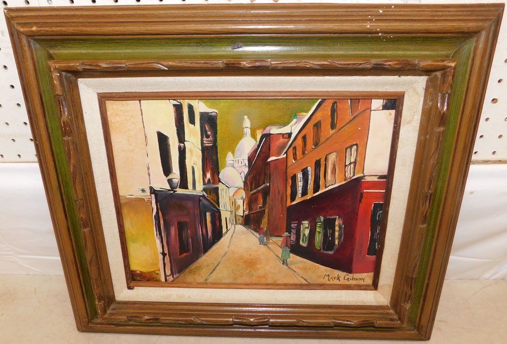 Framed Oil on Canvas Street Scene Artist Signed: Framed Oil on Canvas Street Scene Artist Signed. 18 3/4" x 21 1/2" ALL DESCRIPTIONS AND ANY CONDITION STATEMENT GIVEN BY LANGSTON AUCTION GALLERY ARE STRICTLY OPINIONS AND LANGSTON'S SHALL HAVE NO RES