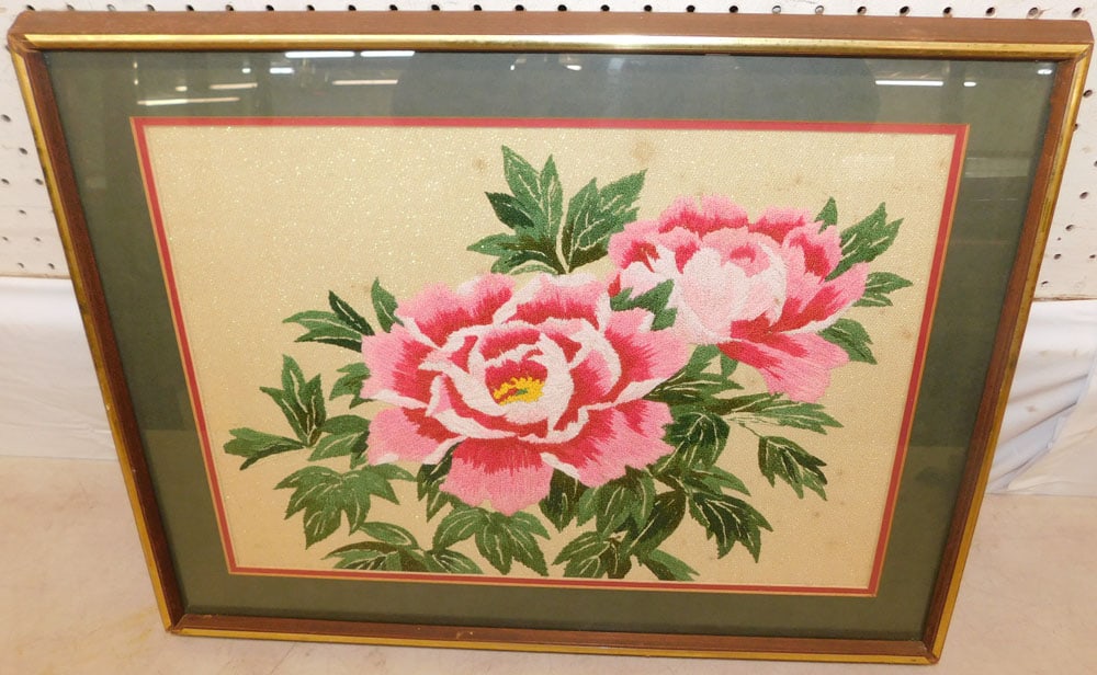 Framed Stump Work Still Life: Framed Stump Work Still Life . 19 1/4" x 25 1/4" ALL DESCRIPTIONS AND ANY CONDITION STATEMENT GIVEN BY LANGSTON AUCTION GALLERY ARE STRICTLY OPINIONS AND LANGSTON'S SHALL HAVE NO RESPONSIBILITY FOR ER