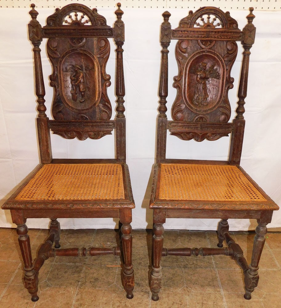 Pair of Carved Oak & Cane Seat Side Chairs (1 of 6)