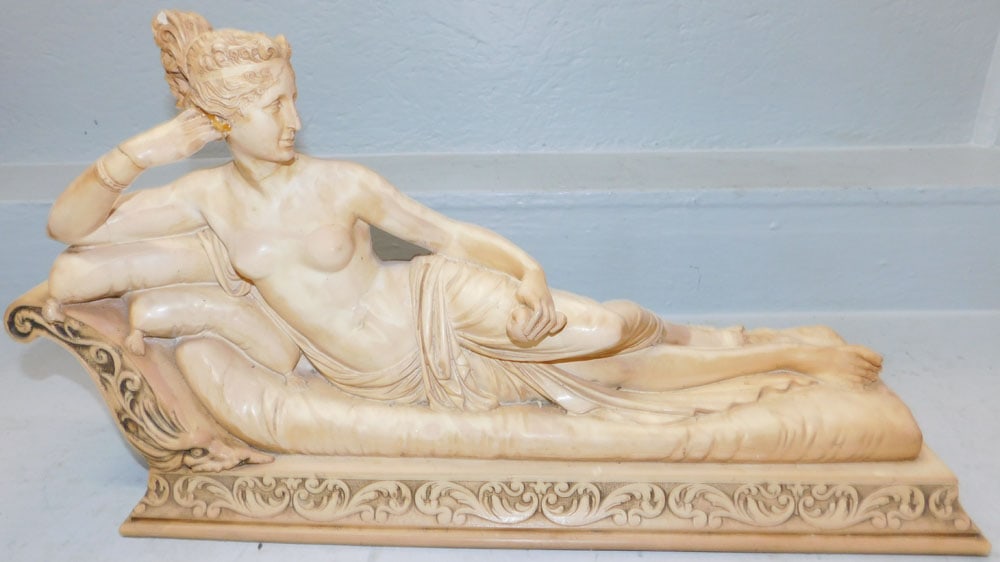 Large Italian Resin Statue of a Nude Reclining "Pauline Bonaparte" Signed, (Restored): Large Italian Resin Statue of a Nude Reclining "Pauline Bonaparte" Signed, (Restored). 12 3/4" H 25 1/2" W 9 1/2" D ALL DESCRIPTIONS AND ANY CONDITION STATEMENT GIVEN BY LANGSTON AUCTION GALLERY ARE