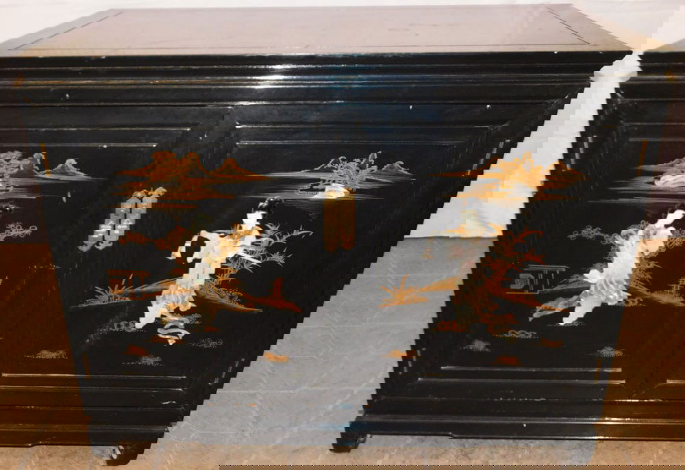 Black Lacquered & Mother of Pearl Inlaid Oriental Two Door Cabinet (1 of 6)