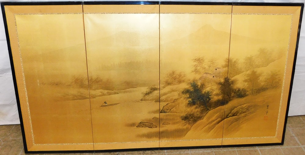 Four Panel Oriental Watercolor on Silk Screen Signed with Character Marks: Four Panel Oriental Watercolor on Silk Screen Signed with Character Marks . 36 1/4" H 66" L ALL DESCRIPTIONS AND ANY CONDITION STATEMENT GIVEN BY LANGSTON AUCTION GALLERY ARE STRICTLY OPINIONS AND