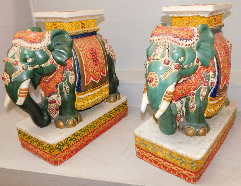 Pair of Oriental Paint Decorated Elephant Garden Seats, (One Tusk As Is) (1 of 9)