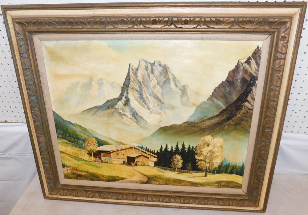 Framed Oil on Canvas Alpine Scene Artist Signed: Framed Oil on Canvas Alpine Scene Artist Signed . 30 1/2" x 36 1/2" ALL DESCRIPTIONS AND ANY CONDITION STATEMENT GIVEN BY LANGSTON AUCTION GALLERY ARE STRICTLY OPINIONS AND LANGSTON'S SHALL HAVE NO
