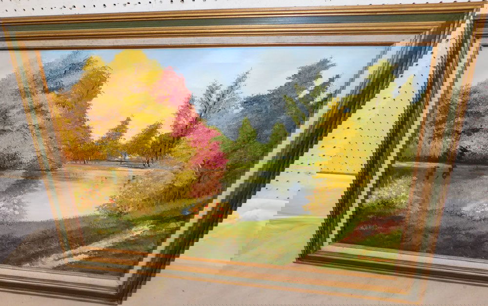 Framed Oil on Canvas Lake Scene Artist Signed: Framed Oil on Canvas Lake Scene Artist Signed . 30 1/4" x 42 1/4" ALL DESCRIPTIONS AND ANY CONDITION STATEMENT GIVEN BY LANGSTON AUCTION GALLERY ARE STRICTLY OPINIONS AND LANGSTON'S SHALL HAVE NO